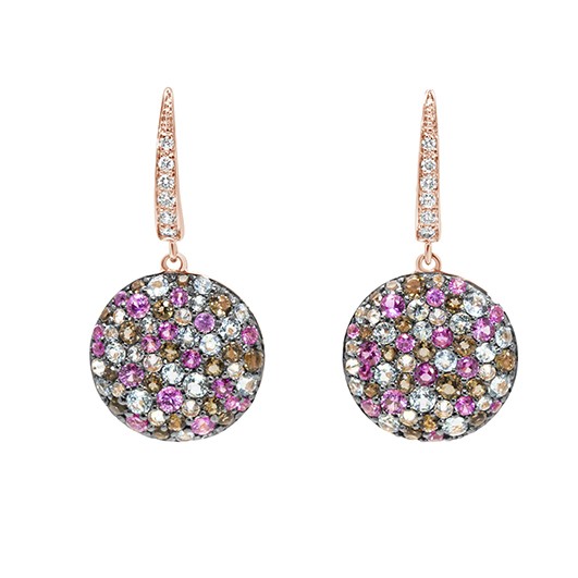18K Multicolor Pink Sapphire, Blue Topaz, Smoky Quartz & Diamond Round Drop Earrings